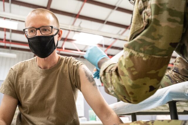 A soldier receives a Covid-19 vaccine on September 9, 2021 in Fort Knox, Kentucky