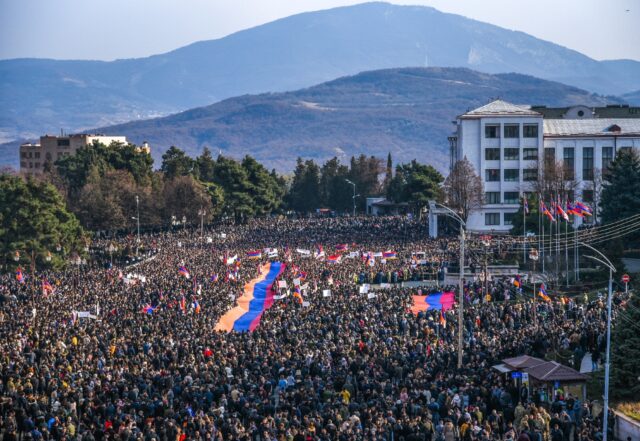 Stepanakert's main Renaissance Square was flooded with protestors