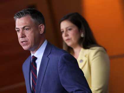 WASHINGTON, DC - JUNE 08: U.S. Rep. Jim Banks (R-IN) speaks at a press conference following a Republican caucus meeting at the U.S. Capitol on June 08, 2022 in Washington, DC. The group of lawmakers spoke out against the January 6 Committee hearings that begin tomorrow and also called on …