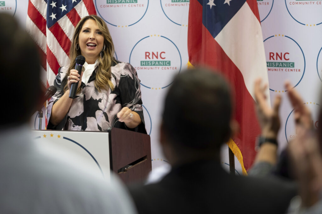 Republican National Committee Chair Ronna McDaniel gives remarks to a packed room at the opening of the RNC's new Hispanic Community Center in Suwanee, Ga., on Wednesday, June 29, 2022. (AP Photo/Ben Gray)