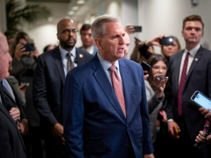 House Republican Leader Kevin McCarthy, R-Calif., emerges from a closed-door meeting with the GOP Conference as he pursues the speaker of the House role as the 118th Congress convenes, at the Capitol in Washington, Tuesday, Jan. 3, 2023. Detractors in the conservative House Freedom Caucus were making demands on McCarthy …