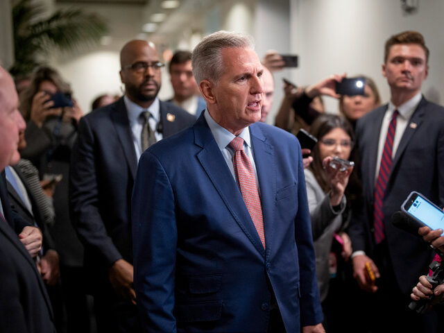 House Republican Leader Kevin McCarthy, R-Calif., emerges from a closed-door meeting with