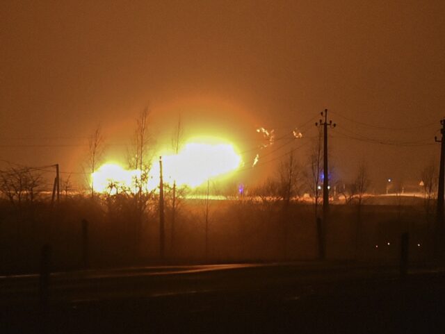 A flame rises after an explosion at a gas pipeline near Pasvalys, 175 km (109 miles) north