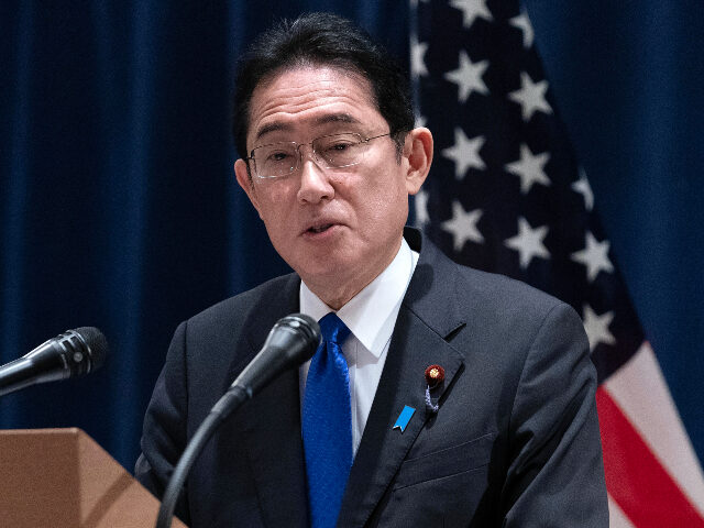 Japanese Prime Minister Fumio Kishida speaks during a news conference in Washington, Satur