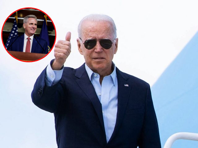 President Joe Biden gives a thumbs up (SAUL LOEB/AFP via Getty Images) // Inset: Rep. Kevi