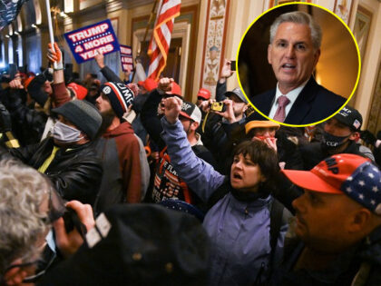 January 6 rioting inside the Capitol (ROBERTO SCHMIDT/AFP via Getty Images) // Inset: Rep. Kevin McCarthy (Eric Lee/Bloomberg via Getty Images)