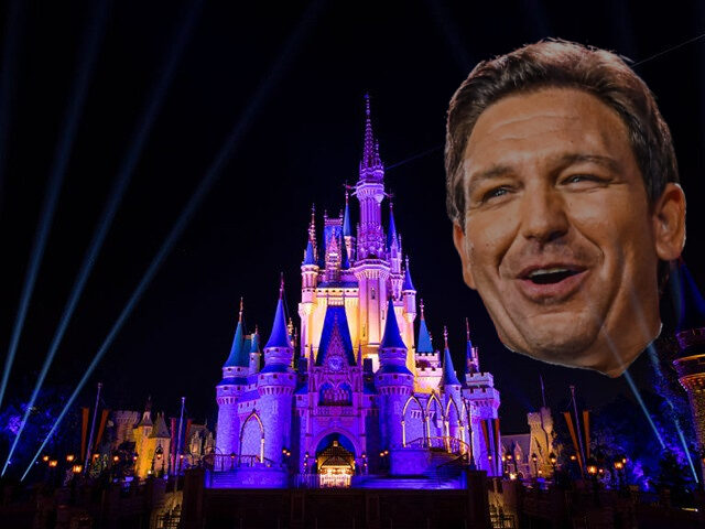 (INSET: Ron DeSantis) Cinderella Castle inside the Magic Kingdom Park is lit purple and gold in honor of the Los Angeles Lakers winning the 2020 NBA Final on October 11, 2020 at Walt Disney World in Lake Buena Vista, Florida. (Photo by David Roark/Disney Resorts via Getty Images)