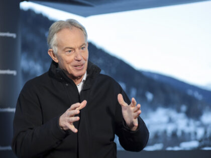 Tony Blair, U.K.'s former prime minster, gestures as he speaks during a Bloomberg Television interview on day three of the World Economic Forum (WEF) in Davos, Switzerland, on Thursday, Jan. 24, 2019. World leaders, influential executives, bankers and policy makers attend the 49th annual meeting of the World Economic Forum …