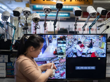 Picture of Hikvision cameras in an electronic mall in Beijing on May 24, 2019. - Shares in
