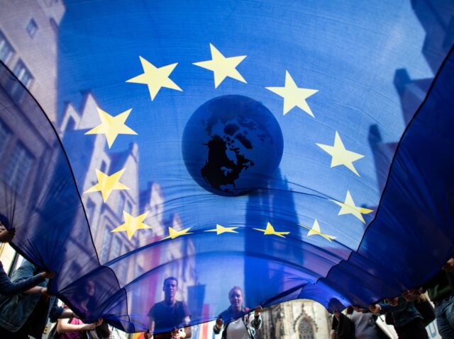 TOPSHOT - Students transport an inflated globe and a flag of the European Union through th