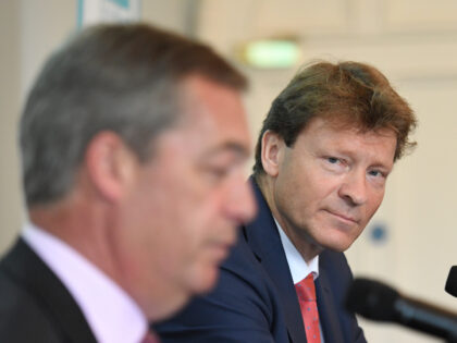 Brexit Party leader Nigel Farage (left) and party chairman Richard Tice at a presentation on postal votes at Carlton House Terrace in London. (Photo by Stefan Rousseau/PA Images via Getty Images)