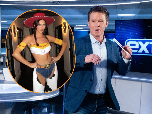 (INSET: Kendall Jenner) Billy Bush tries on Jeff Bridges' shoes at "Extra" at Burbank Stud