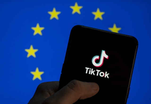 CHINA - 2021/04/08: In this photo illustration the Chinese video-sharing social networking service company TikTok logo is seen on an Android mobile device screen with the European Union (EU) flag in the background. (Photo Illustration by Chukrut Budrul/SOPA Images/LightRocket via Getty Images)