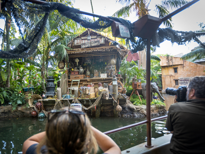 Riders view Trader Sams Gift Shop in Adventureland inside Disneyland in Anaheim, CA, on Friday, July 9, 2021. The official reopening of Jungle Cruise will be on July 16, 2021, with new adventures, an expanded storyline and more humor as skippers take guests on a tongue-in-cheek journey along some of …