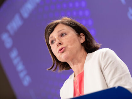 BRUSSELS, BELGIUM - SEPTEMBER 16: EU Commission vice President responsible for Values and Transparency Vera Jourova discusses the protection of journalists in Europe to media in the Berlaymont, the EU Commission headquarter on September 16, 2021 in Brussels, Belgium. European Commissioner Vra Jourová declared: 'No journalist should die or be …