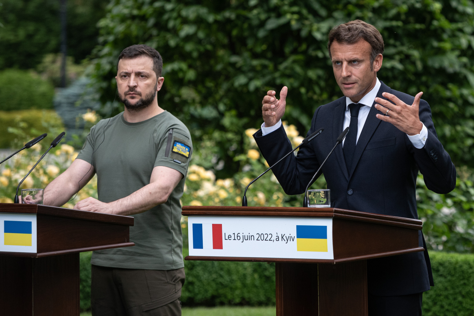 KYIV, UKRAINE - JUNE 16: Ukrainian President Volodymyr Zelensky and Frances President Emmanuel Macron are seen during a press conference on June 16, 2022 in Kyiv, Ukraine. The leaders made their first visits to Ukraine since the country was invaded by Russia on February 24th. (Photo by Alexey Furman/Getty Images)