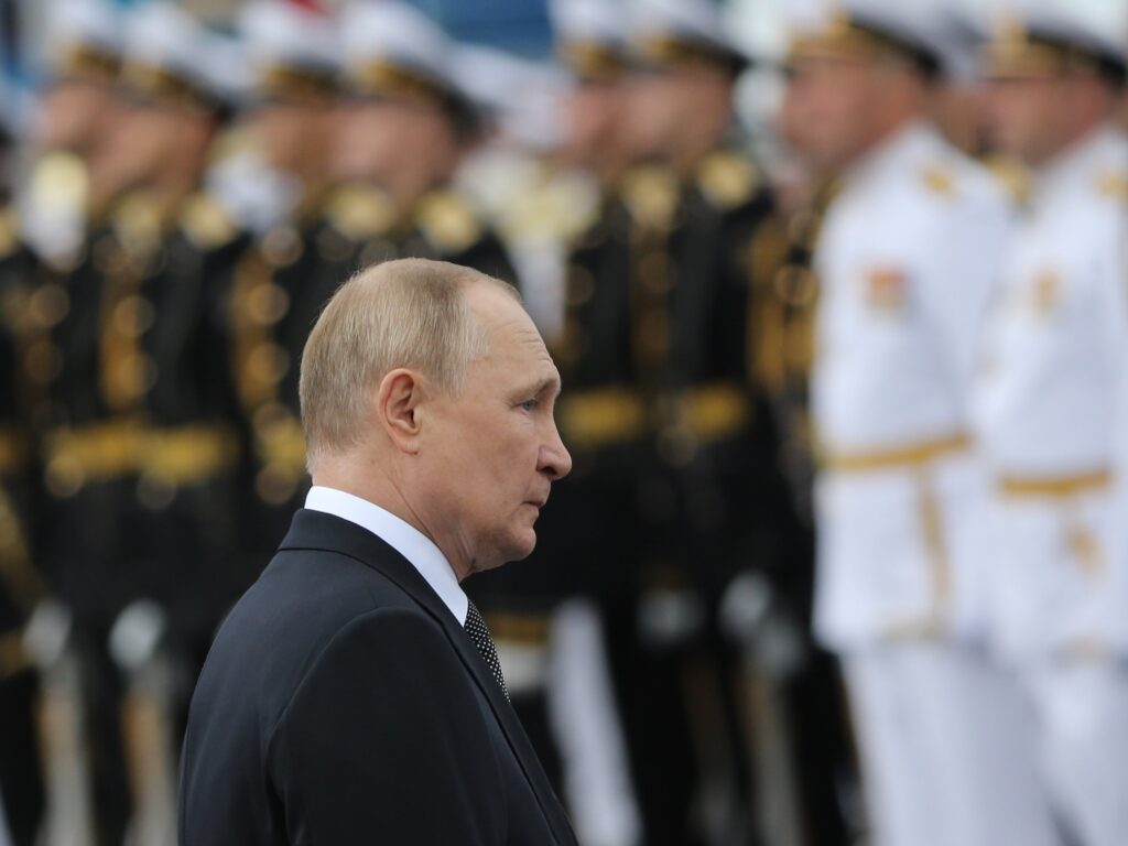 SAINT PETERSBURG, RUSSIA - JULY 31: (RUSSIA OUT) Russian President Vladimir Putin seen during the Navy Day Parade, on July, 31 2022, in Saint Petersburg, Russia. President Vladimir Putin has arrived to Saint Petersburg to review Main Naval Parade involving over 50 military ships on Russia's Navy Day. (Photo by Contributor/Getty Images)