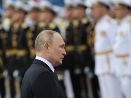 SAINT PETERSBURG, RUSSIA - JULY 31: (RUSSIA OUT) Russian President Vladimir Putin seen during the Navy Day Parade, on July, 31 2022, in Saint Petersburg, Russia. President Vladimir Putin has arrived to Saint Petersburg to review Main Naval Parade involving over 50 military ships on Russia's Navy Day. (Photo by …
