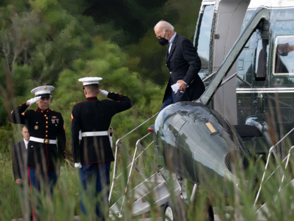 US President Joe Biden disembarks from Marine One upon arrival at Cape Henlopen State Park in Rehoboth Beach, Delaware, on August 7, 2022, for a trip to his beach home following his recovery from Covid. (Photo by SAUL LOEB / AFP) (Photo by SAUL LOEB/AFP via Getty Images)