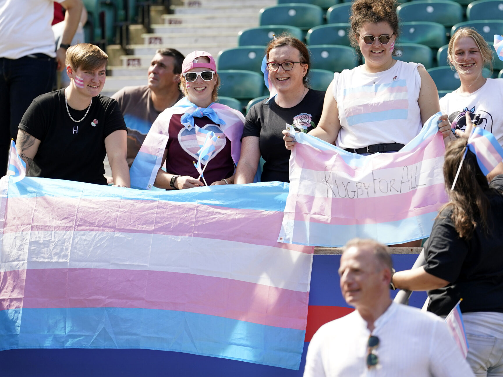 England fans with Transgender Pride flags in the stands after an open training session at Twickenham Stadium, London. Picture date: Thursday August 11, 2022. (Photo by Andrew Matthews/PA Images via Getty Images)