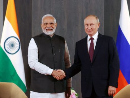 Russian President Vladimir Putin meets with India's Prime Minister Narendra Modi on the sidelines of the Shanghai Cooperation Organisation (SCO) leaders' summit in Samarkand on September 16, 2022. (Photo by Alexandr Demyanchuk / SPUTNIK / AFP) (Photo by ALEXANDR DEMYANCHUK/SPUTNIK/AFP via Getty Images)