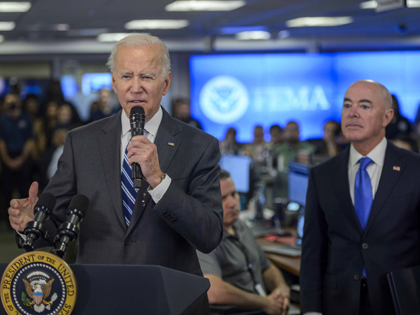 President Joe Biden speaks beside Alejandro Mayorkas, secretary of the US Department of Homeland Security (DHS), at the Federal Emergency Management Agency (FEMA) headquarters in Washington, DC, US, on Thursday, Sept. 29, 2022. Biden and his administration began today to contend with Hurricane Ian, a storm poised to rank among …