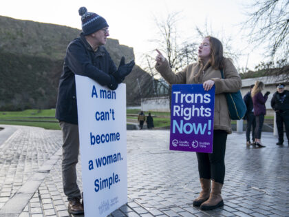 A member of the Scottish Family Party (left) speaks with a supporter of the Gender Recognition Reform Bill (Scotland) during a protest outside the Scottish Parliament, Edinburgh, ahead of a debate on the bill. Picture date: Tuesday December 20, 2022. (Photo by Jane Barlow/PA Images via Getty Images)