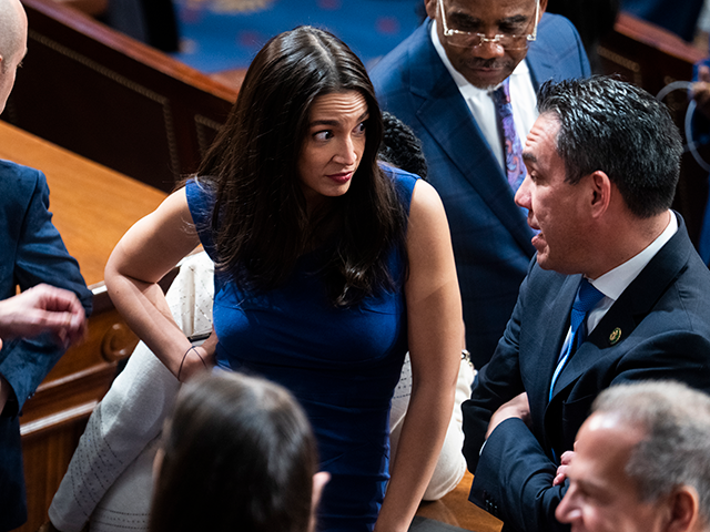 Reps. Alexandria Ocasio-Cortez, D-N.Y., and Pete Aguilar, D-Calif., are seen on the House floor of the U.S. Capitol after a vote in which House Republican Leader Kevin McCarthy, R-Calif., did not receive enough votes to become Speaker, on Tuesday, January 3, 2023. (Tom Williams/CQ-Roll Call, Inc via Getty Images)