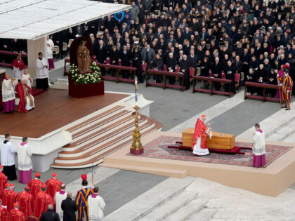 VATICAN CITY, VATICAN - JANUARY 05: A cardinal gives the blessing at the coffin while Pope Francis leads the funeral mass for Pope Emeritus Benedict XVI at St. Peter's square on January 5, 2023 in Vatican City, Vatican. Former Pope Benedict XVI, who served as head of the Catholic Church …