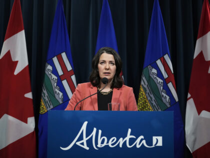 Danielle Smith, Alberta's premier, speaks during a news conference in Calgary, Albert