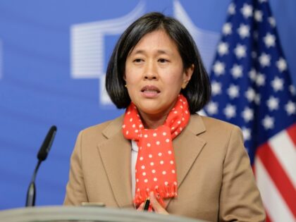 BRUSSELS, BELGIUM - JANUARY 17: United States Trade Representative Katherine Chi Tai is talking to media after a bilateral meeting in the Berlaymont, the EU Commission headquarter on January 17, 2022 in Brussels, Belgium. (Photo by Thierry Monasse/Getty Images)