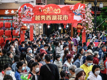 People visit a traditional Spring Festival flower market which reopens after closure due to the spread of the Covid-19 coronavirus in Guangzhou, in China's southern Guangdong province on January 20, 2023, ahead of the Lunar New Year of the Rabbit celebrations which falls on January 22. - China OUT (Photo …