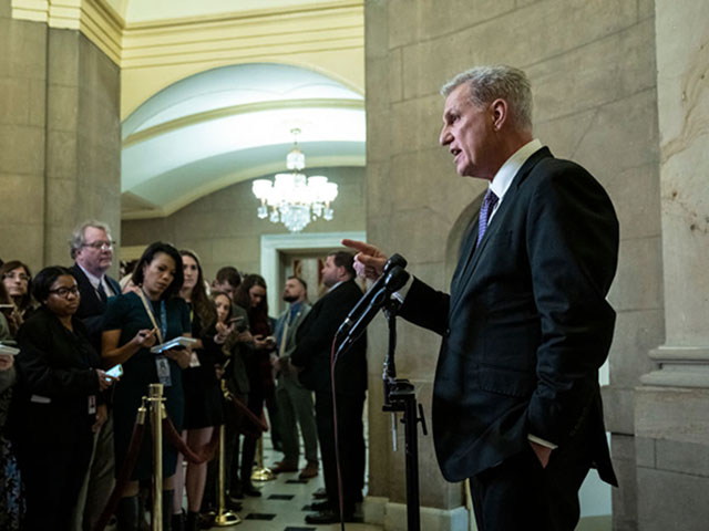 WASHINGTON, DC - JAN 24: Speaker of the House Kevin McCarthy (R-CA) speaks at a press conference outside his office at the US Capitol on January 24, 2023 in Washington, DC.  McCarthy has spoken on a range of issues, including committee assignments and Rep. George Santos (R-NY).  (Photo by Drew Angerer/Getty Images)