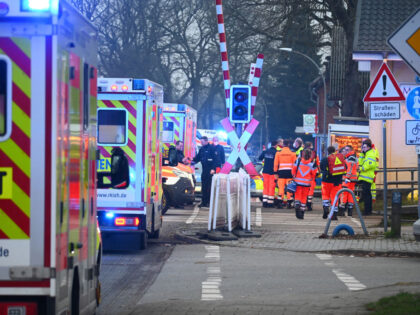 25 January 2023, Schleswig-Holstein, Brokstedt: Police and rescue services are on duty at a level crossing near Brokstedt station. Photo: Jonas Walzberg/dpa (Photo by Jonas Walzberg/picture alliance via Getty Images)