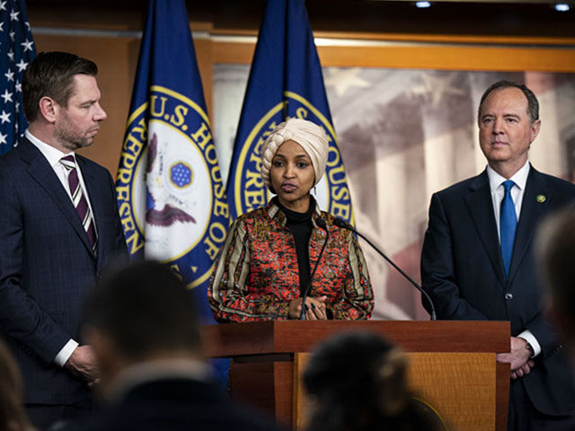 Representative Ilhan Omar, a Democrat from Minnesota, center, speaks during a news confere