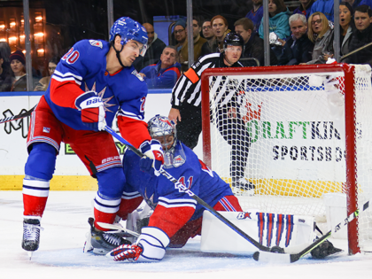 New York Rangers Right Wing Chris Kreider (20) blocks a shot during the first period of the National Hockey League game between the Vegas Golden Knights and the New York Rangers on January 27, 2023 at Madison Square Garden in New York, NY. (Photo by Joshua Sarner/Icon Sportswire via Getty …
