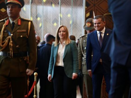 TRIPOLI, LIBYA - JANUARY 28: Libyan Prime Minister Abdul Hamid Dbeibeh (R) welcomes Italian Prime Minister Giorgia Meloni (L) with an official welcoming ceremony in Tripoli, Libya on January 28, 2023. (Photo by Hazem Turkia/Anadolu Agency via Getty Images)