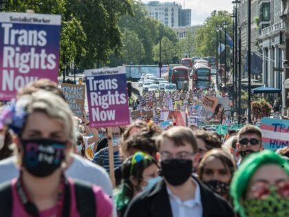 LONDON, ENGLAND - SEPTEMBER 12: Protestors make their way down Piccadilly as the second ever Trans Pride march takes place on September 12, 2020 in London, England. (Photo by Guy Smallman/Getty Images)