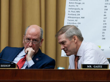 WASHINGTON, DC - JUNE 02: Rep. Dan Bishop (R-NC) and Ranking Member Jim Jordan (R-OH) speak to one another during a House Judiciary Committee mark up hearing in the Rayburn House Office Building on June 02, 2022 in Washington, DC. House members of the committee held the emergency hearing to …
