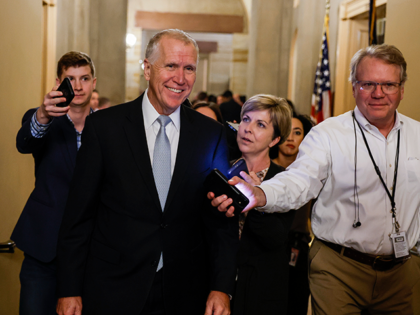 Sen. Thom Tillis (R-NC) speaks with reporters as he leaves a meeting with the Senate Republicans at the U.S. Capitol on November 16, 2022 in Washington, DC. During the meeting Senate Minority Leader Mitch McConnell (R-KY) overcame a challenge from Sen. Rick Scott (R-FL) and was re-elected as the Senate …
