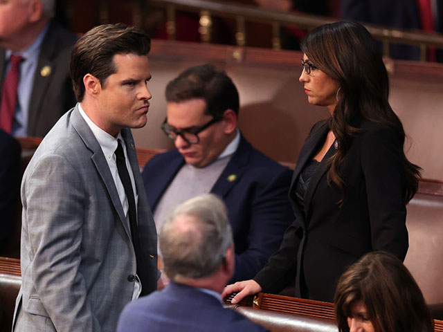 WASHINGTON, DC - JANUARY 06: U.S. Rep.-elect Matt Gaetz (R-FL) talks to Rep.-elect Lauren Boebert (R-CO) in the House Chamber during the fourth day of elections for Speaker of the House at the U.S. Capitol Building on January 06, 2023 in Washington, DC. The House of Representatives is meeting to vote for the next Speaker after House Republican Leader Kevin McCarthy (R-CA) failed to earn more than 218 votes on several ballots; the first time in 100 years that the Speaker was not elected on the first ballot. (Photo by Win McNamee/Getty Images)