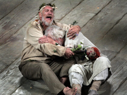 Royal Shakespeare Company production of King Lear at Royce Hall. Sir Ian McKellen as King Lear and William Gaunt as Earl of Gloucester in the play. (Photo by Lawrence K. Ho/Los Angeles Times via Getty Images)