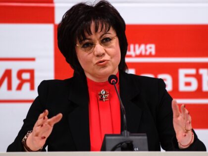 The leader of the Bulgarian Socialist Party Kornelia Ninova speaks to media in Sofia on Ma