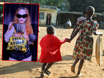 (INSET: Pop Star Madonna holding a Balenciaga bag). Unidentified children walk at a market place on August 20, 2006 in Mphandula village, about 30 miles outside Lilongwe, Malawi. Mphandula is a poor village in Malawi, without electricity or clean water. Nobody owns a car or a mobile phone. Most people …