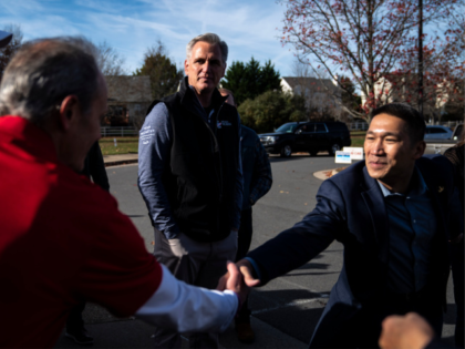Round Hill, VA - November 8 : House Minority Leader Kevin McCarthy of Calif., and Hung Cao, Republican candidate for Virginia's 10th Congressional district, greet voters and supporters on midterm Election Day at the Round Hill Elementary School Precinct on Tuesday, Nov. 08, 2022 in Round Hill, VA. (Photo by …