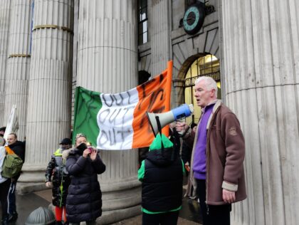Campaigner Malachy Steenson speaking at a protest in Dublin. (Credit: Peter Caddle)