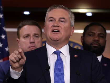 WASHINGTON, DC - NOVEMBER 17: Flanked by House Republicans, U.S. Rep. James Comer (R-KY) speaks during a news conference at the U.S. Capitol on November 17, 2022 in Washington, DC. House Republicans held a news conference to discuss "the Biden family's business dealings." (Alex Wong/Getty Images)