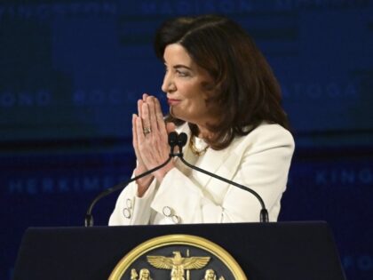New York Gov. Kathy Hochul delivers her address during her inauguration ceremony, Sunday, January 1, 2023, in Albany, New York. (Hans Pennink/AP)
