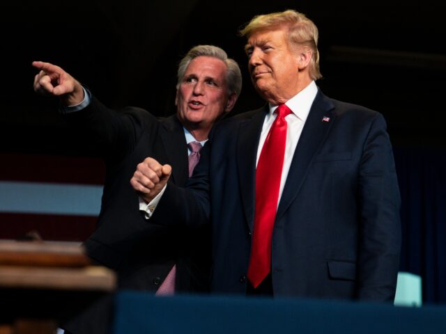 House Minority Leader Kevin McCarthy of Calif., talks with President Donald Trump during a