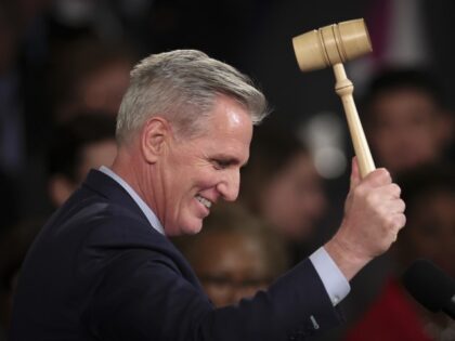 U.S. Speaker of the House Kevin McCarthy (R-CA) celebrates while holding the Speaker's gavel after being elected as Speaker in the House at the U.S. Capitol on January 07, 2023 in Washington, DC. After four days of voting and 15 ballots McCarthy secured enough votes to become Speaker of the …